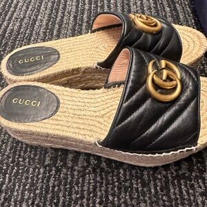 Gucci Black and Gold Espadrille Sandals